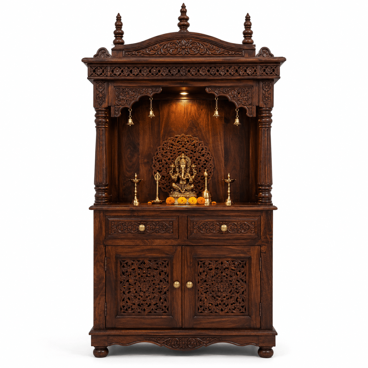 Solid mango wood handcrafted home temple with decorative carved canopy, storage drawers, and walnut finish by Bombay Home Decor LLC.