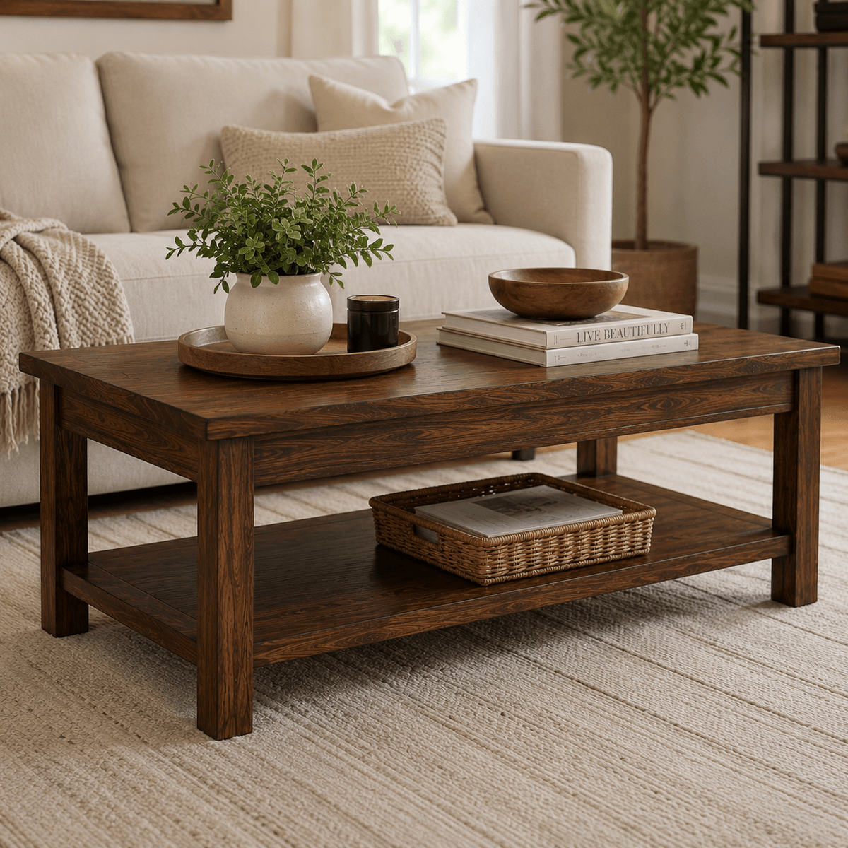 Handcrafted solid acacia wood rectangular coffee table with an open storage shelf and walnut finish by Bombay Home Decor LLC.