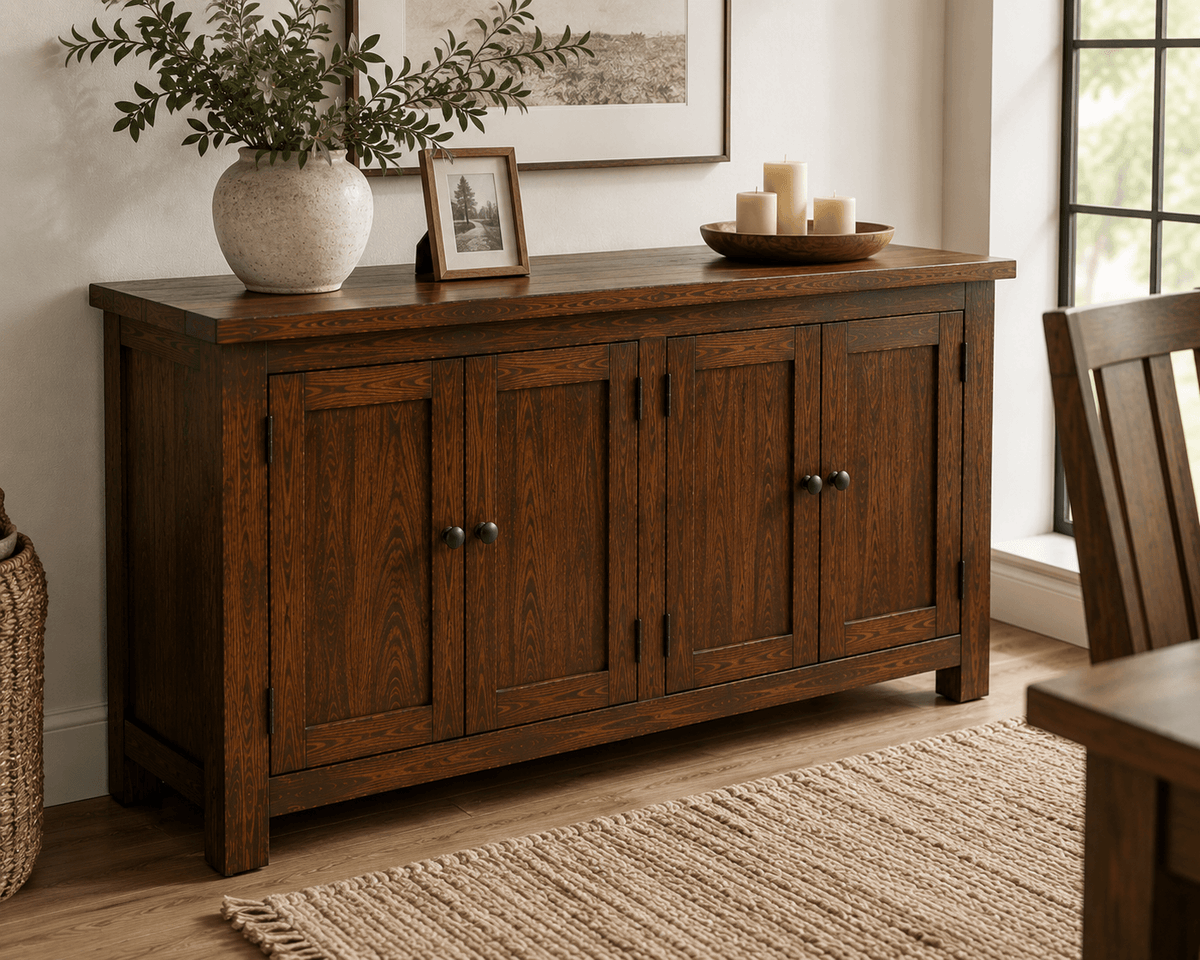 Handcrafted solid acacia wood sideboard cabinet with four doors, adjustable shelving, and a walnut finish by Bombay Home Decor LLC.